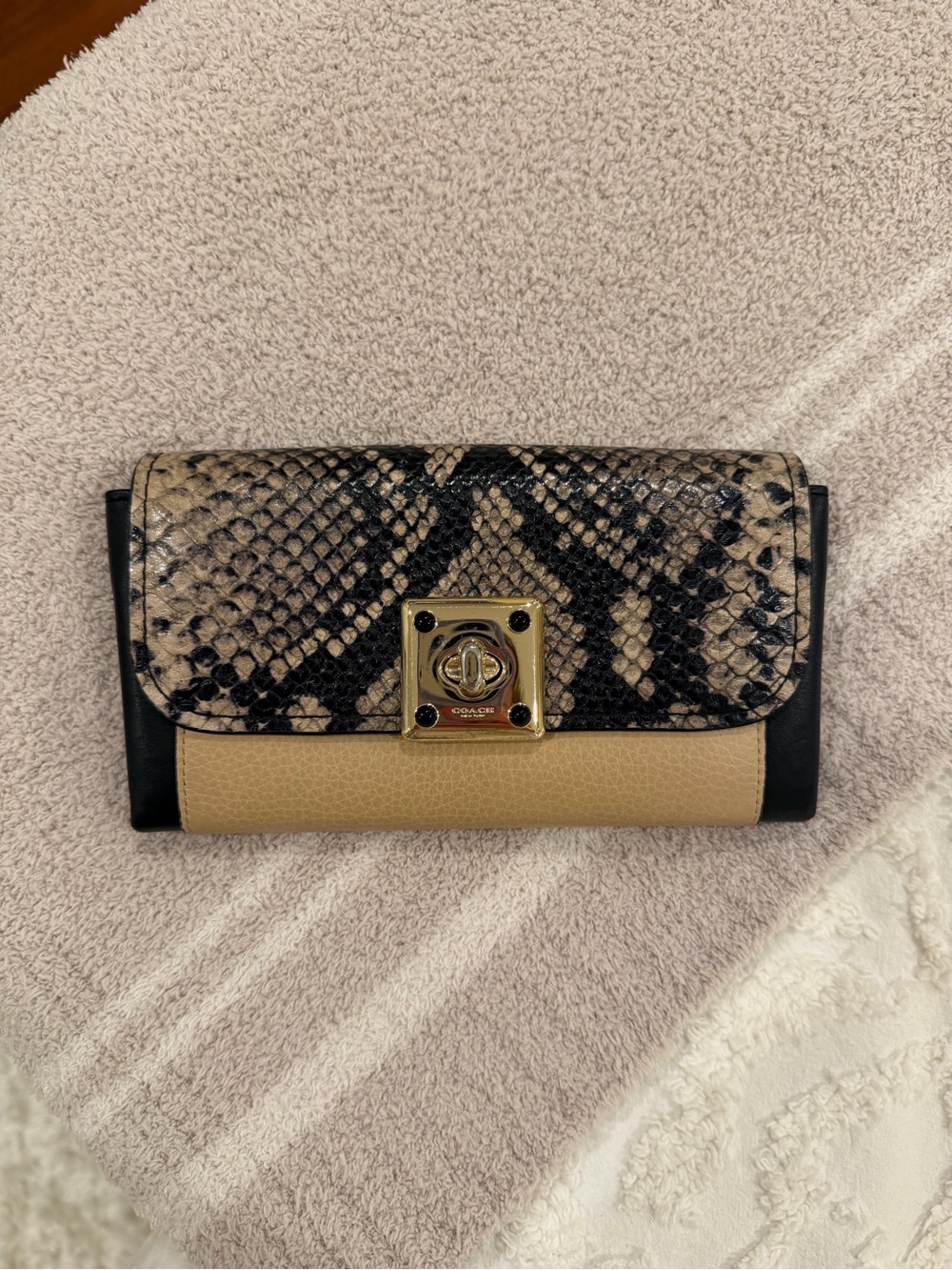 Coach Snake-Print Flap Tan and Black Continental Wallet